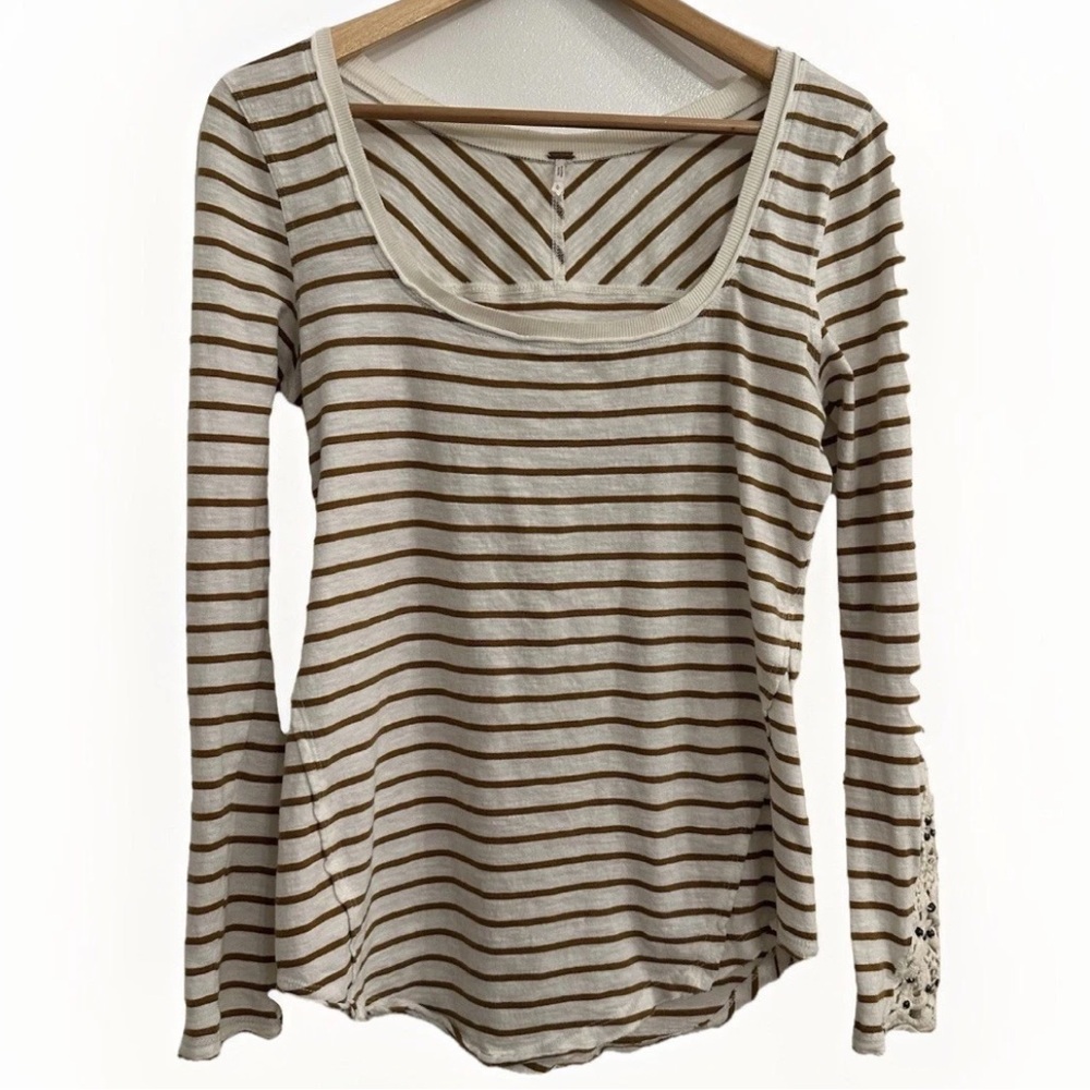 Free People Boho Crotchet Detail Long Sleeve Shirt Ivory &‎ Brown Stripes Size L
